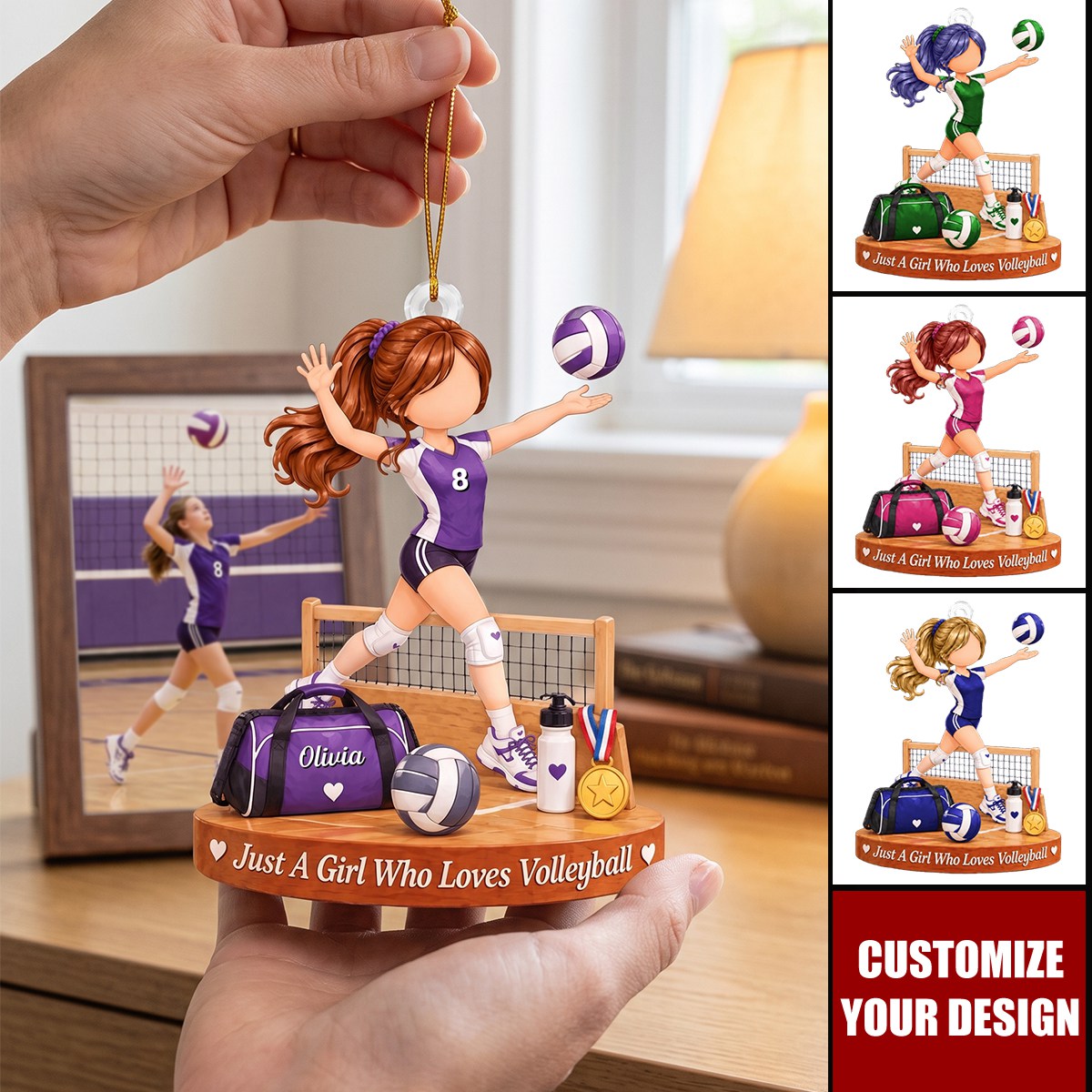 Personalized Volleyball Girl Christmas Ornament, Custom Name & Team Color