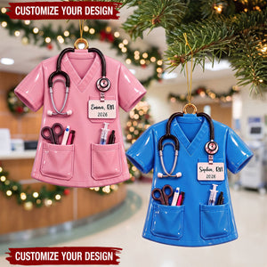 Personalized Nurse Scrub Christmas Acrylic Ornament, Custom Uniform Keepsake
