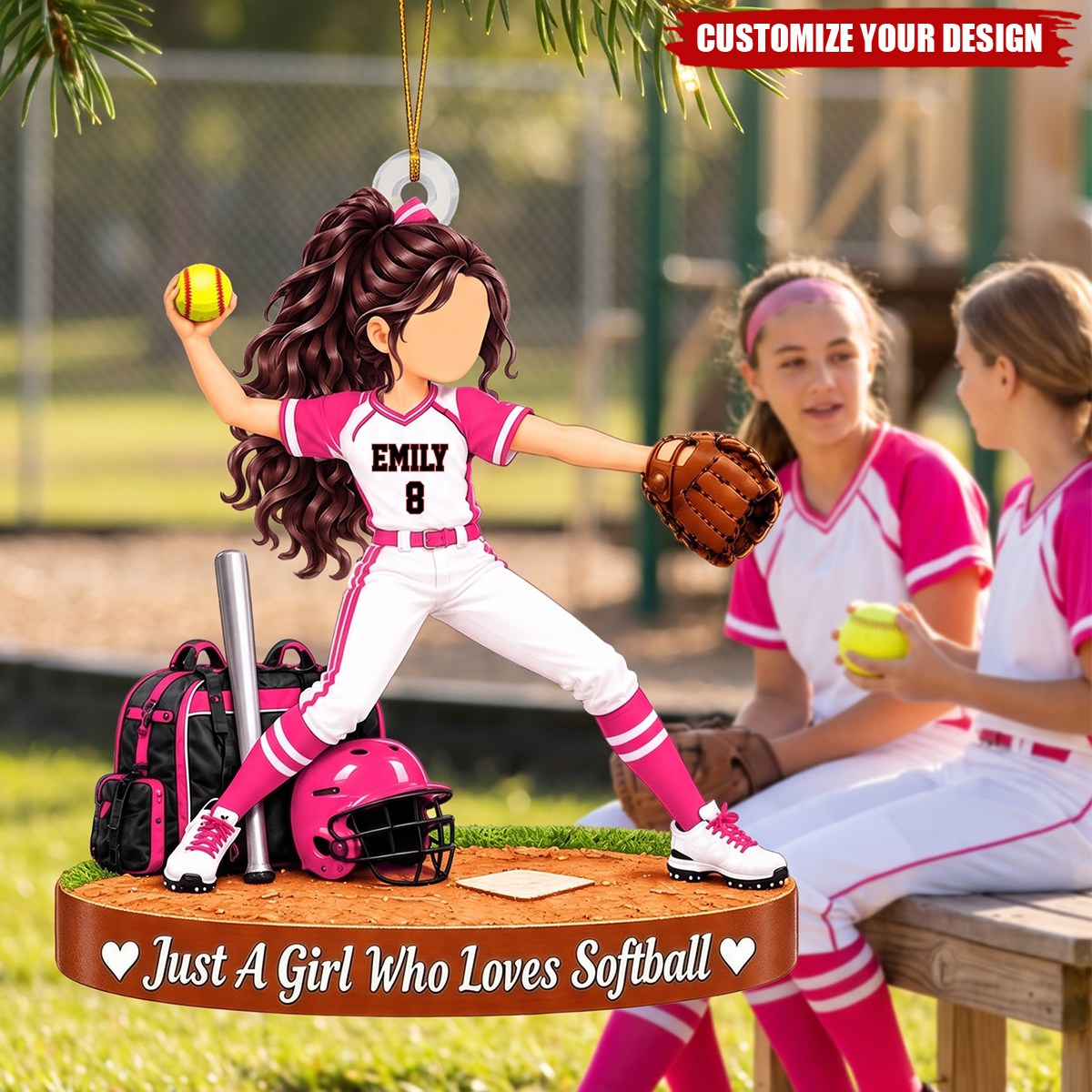 Personalized Softball Girl Christmas Ornament, Custom Name & Number Softball Player Gift