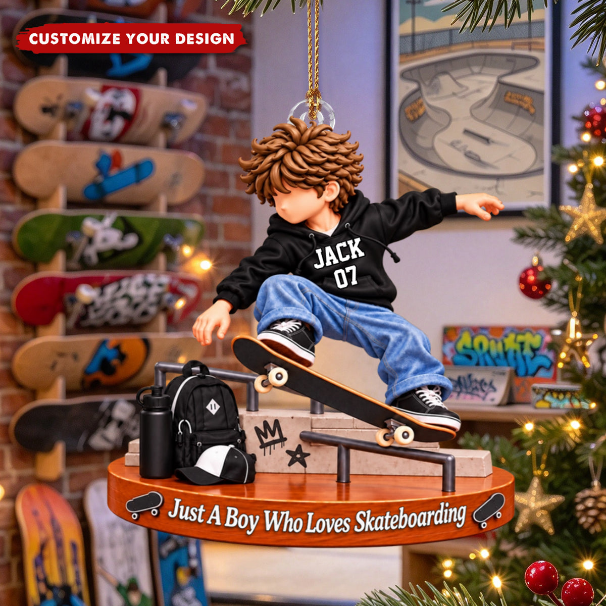 Personalized Skateboard Boy Christmas Ornament, Santa Hat Skater Tree Decor