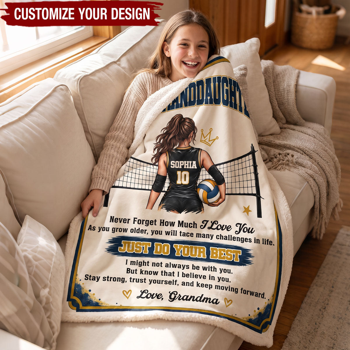 To My Granddaughter Volleyball Blanket, Custom Name & Number, Gift From Grandma