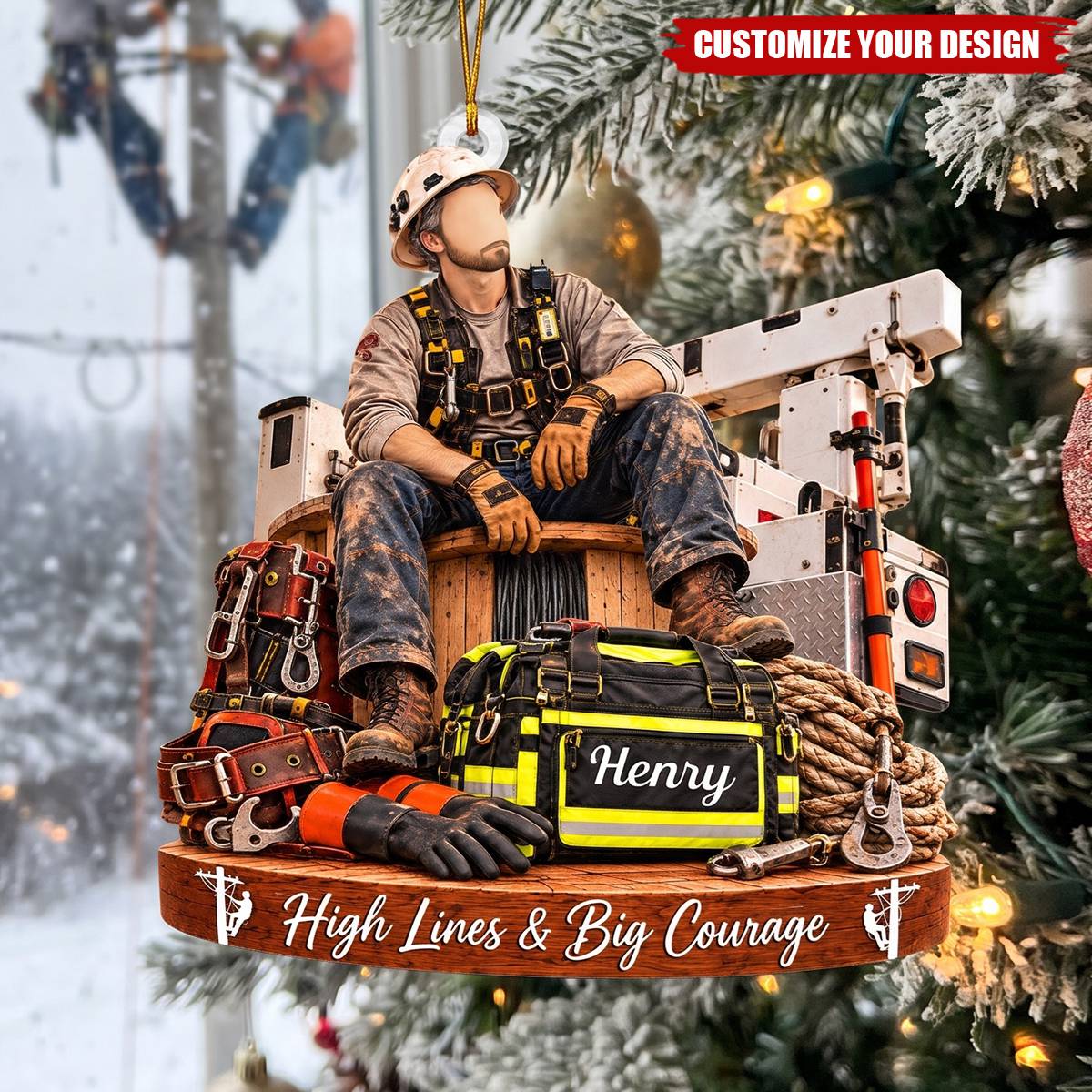 Personalized Lineman Christmas Ornament, Custom Lineman Gift for Husband