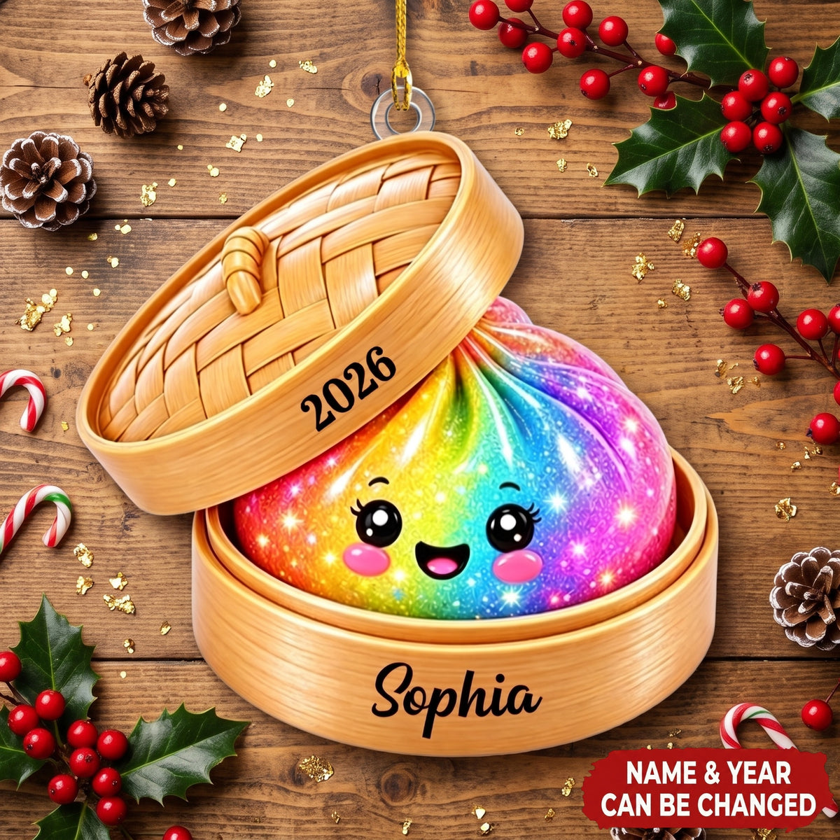 Personalized Glitter Dumpling Ornament, Bamboo Steamer, 2026 Christmas Keepsake