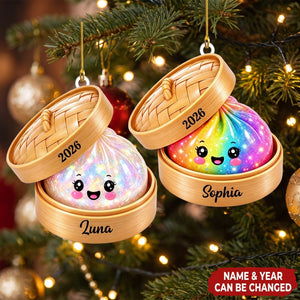 Personalized Glitter Dumpling Ornament, Bamboo Steamer, 2026 Christmas Keepsake