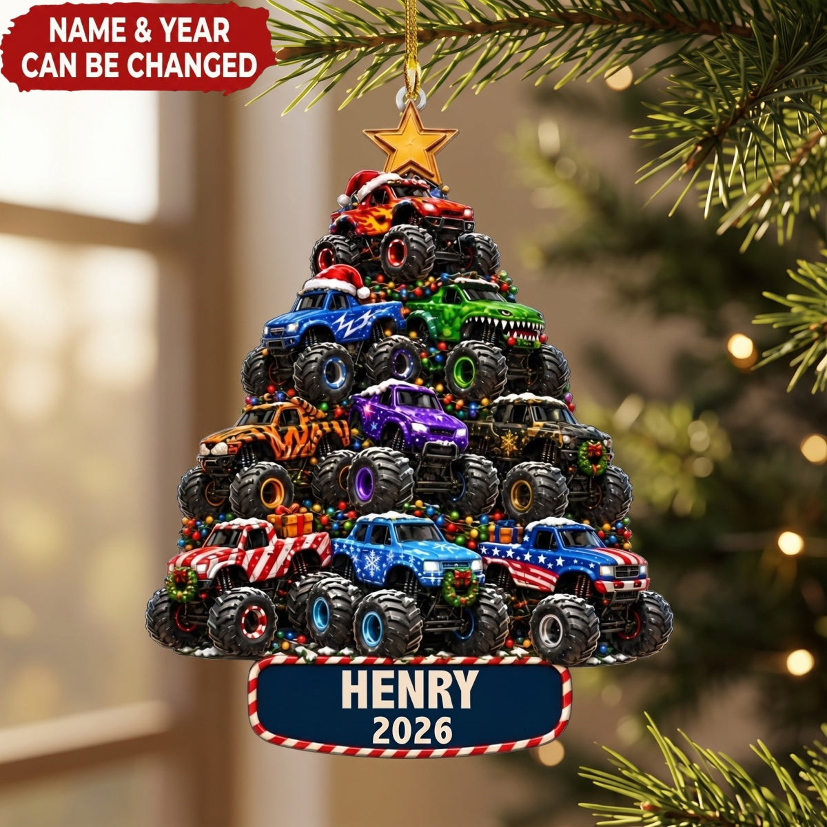 Personalized Monster Truck Christmas Ornament 2026, Custom Name Acrylic Ornament