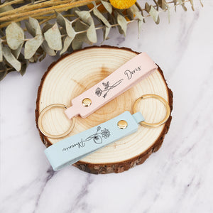 Personalised Birth Flower Leather Keychain with Engraved Name Christmas Gift Wedding Party Gift Bridesmaid Gift
