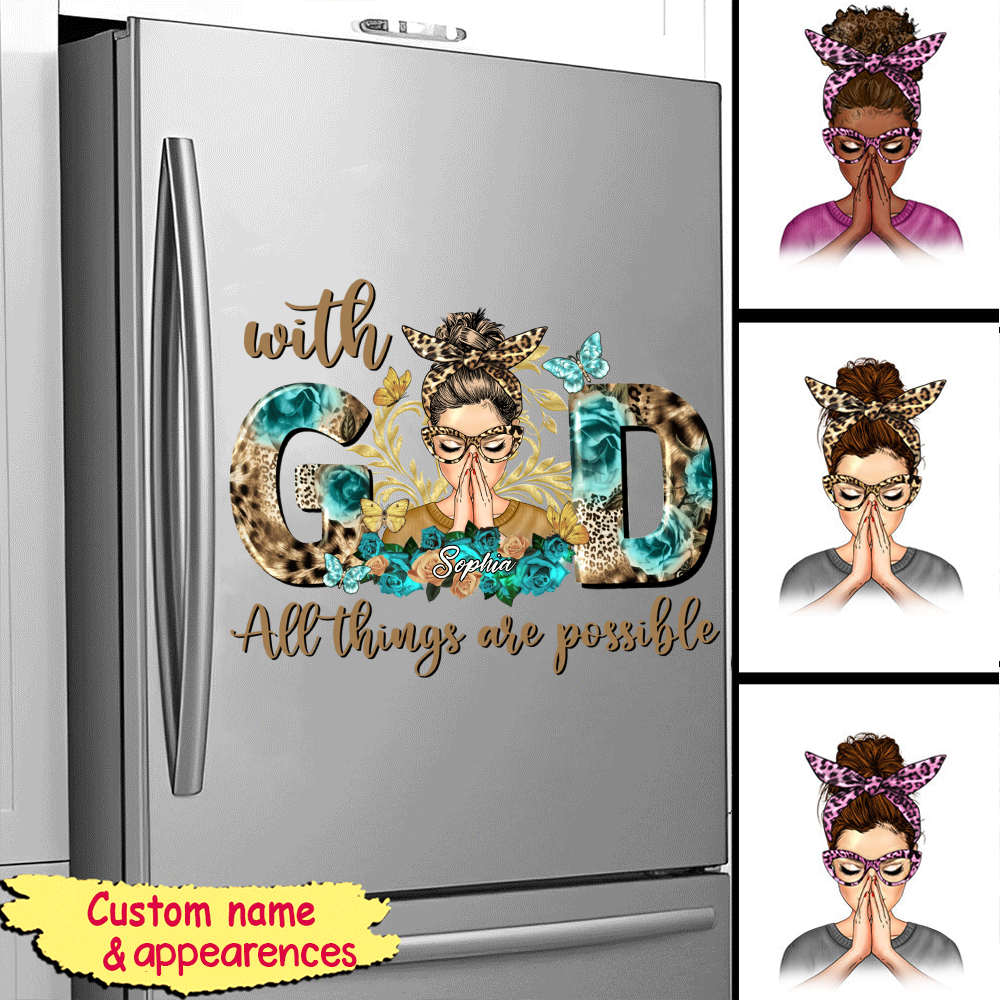 Leopard Flower Pretty Praying Woman With God All Things Are Possible Personalized Sticker Decal