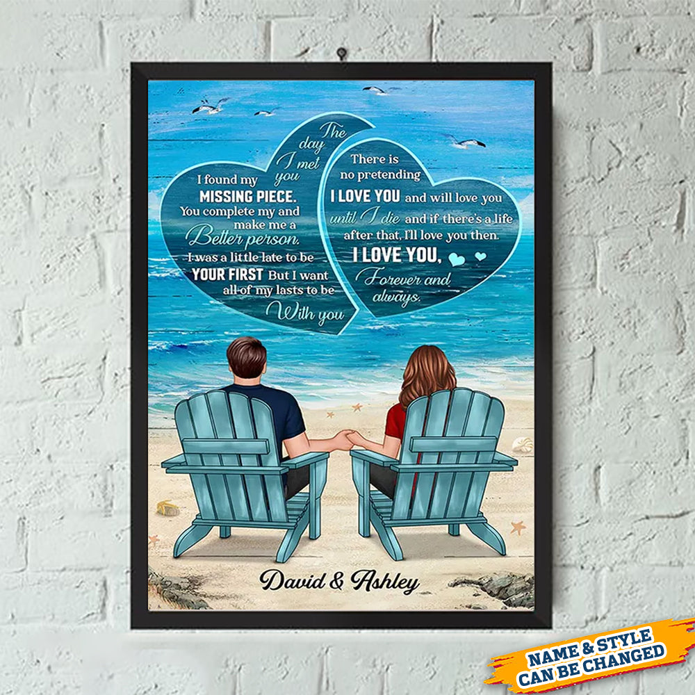 Couple Back View Sitting At Beach Text In Hearts Personalized Vertical Poster
