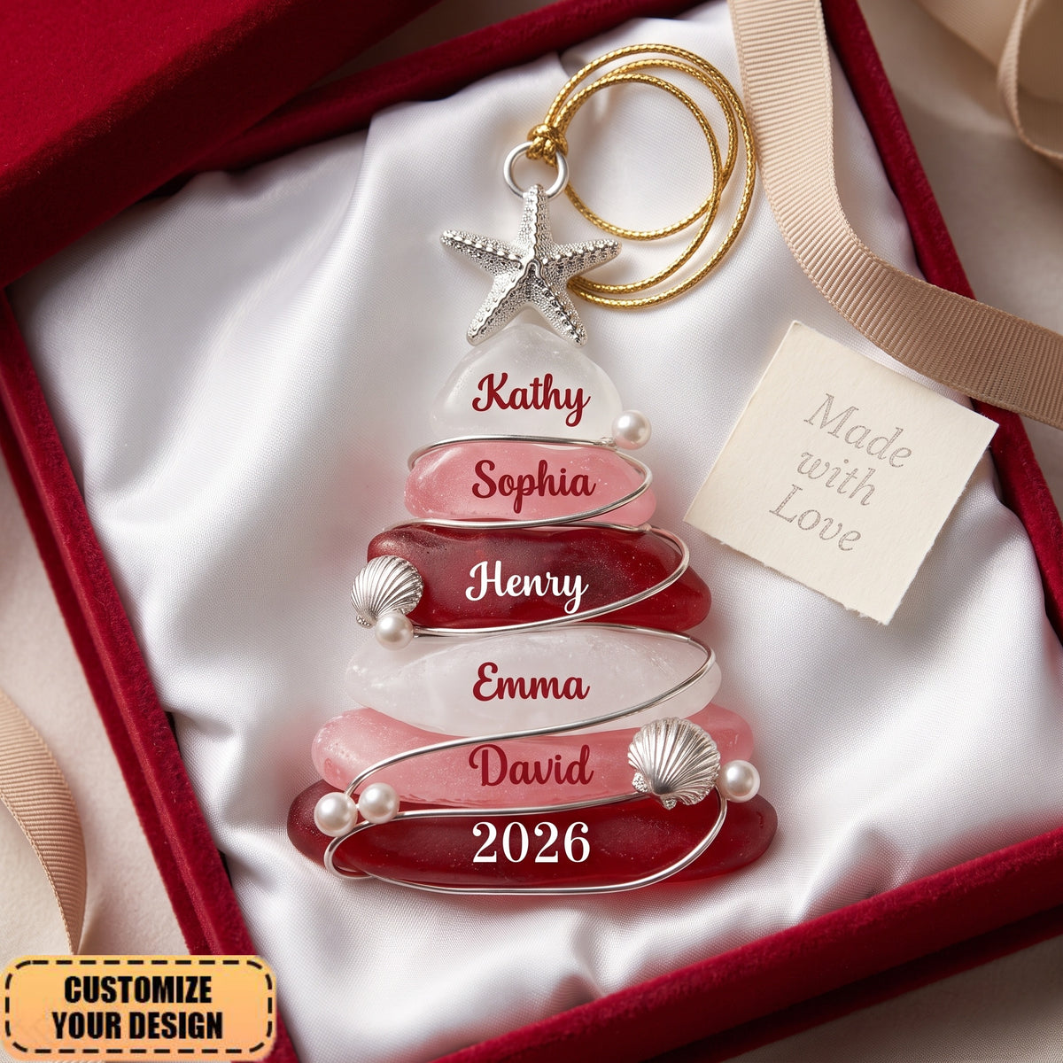 Custom Sea Glass Tree 2026 Ornament, Beach-Themed Family Christmas Decoration