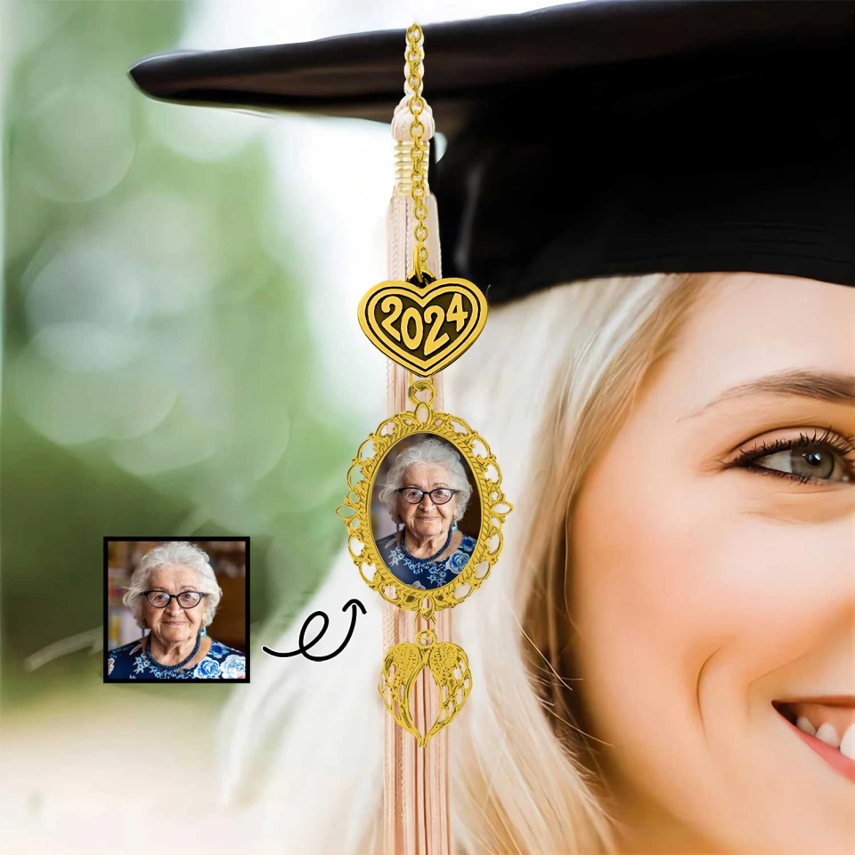Graduation 2024 - Personalized Custom Graduation Tassel Photo Charm with Angel Wings - Sympathy Gift