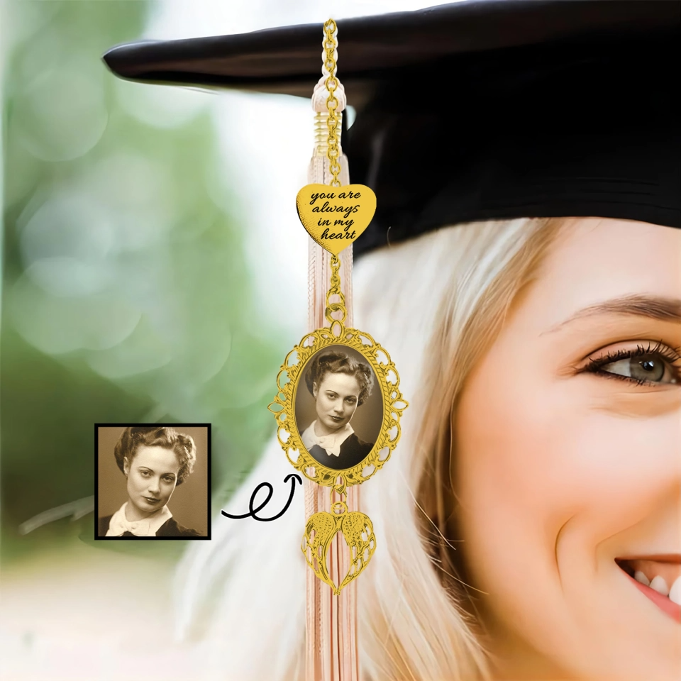 You Are Always In My Heart - Personalized Custom Graduation Tassel Photo Charm with Angel Wings
