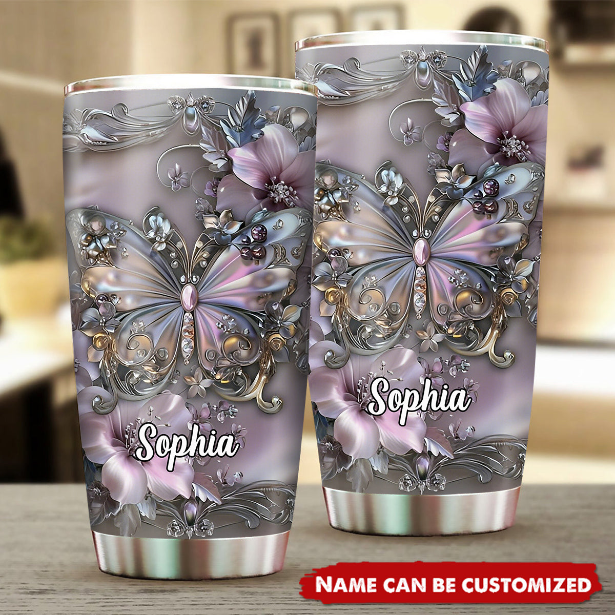 Elegant Iridescent Floral Butterfly Luxurious Personalized Tumbler