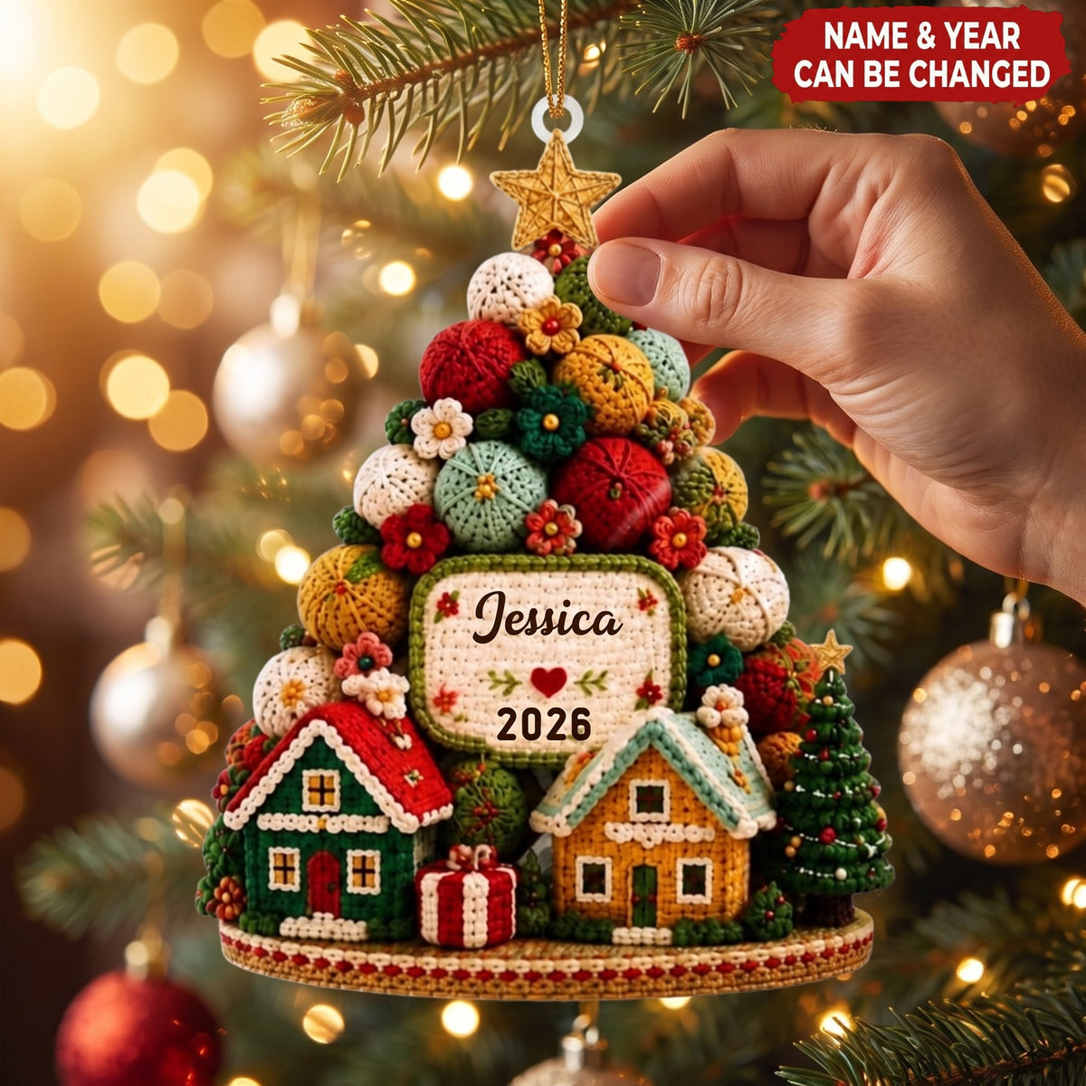 Personalized Acrylic Christmas Tree Ornament (Yarn Design), Custom Crochet Christmas Decoration