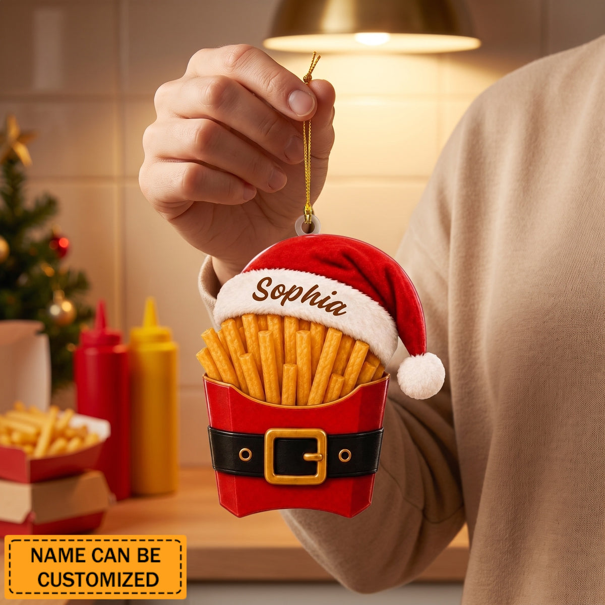 Personalized Santa French Fries Acrylic Ornament, Custom Name Christmas Tree Decoration