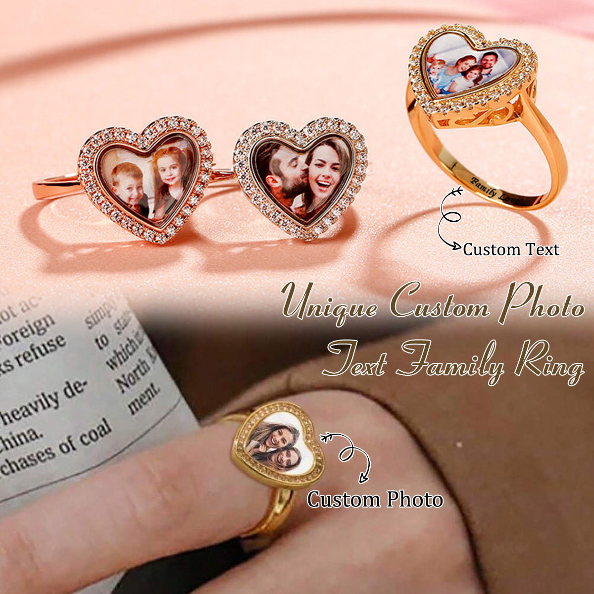 Heart Shaped Custom Photo Engraved Text Personalized Ring, Gift For Family