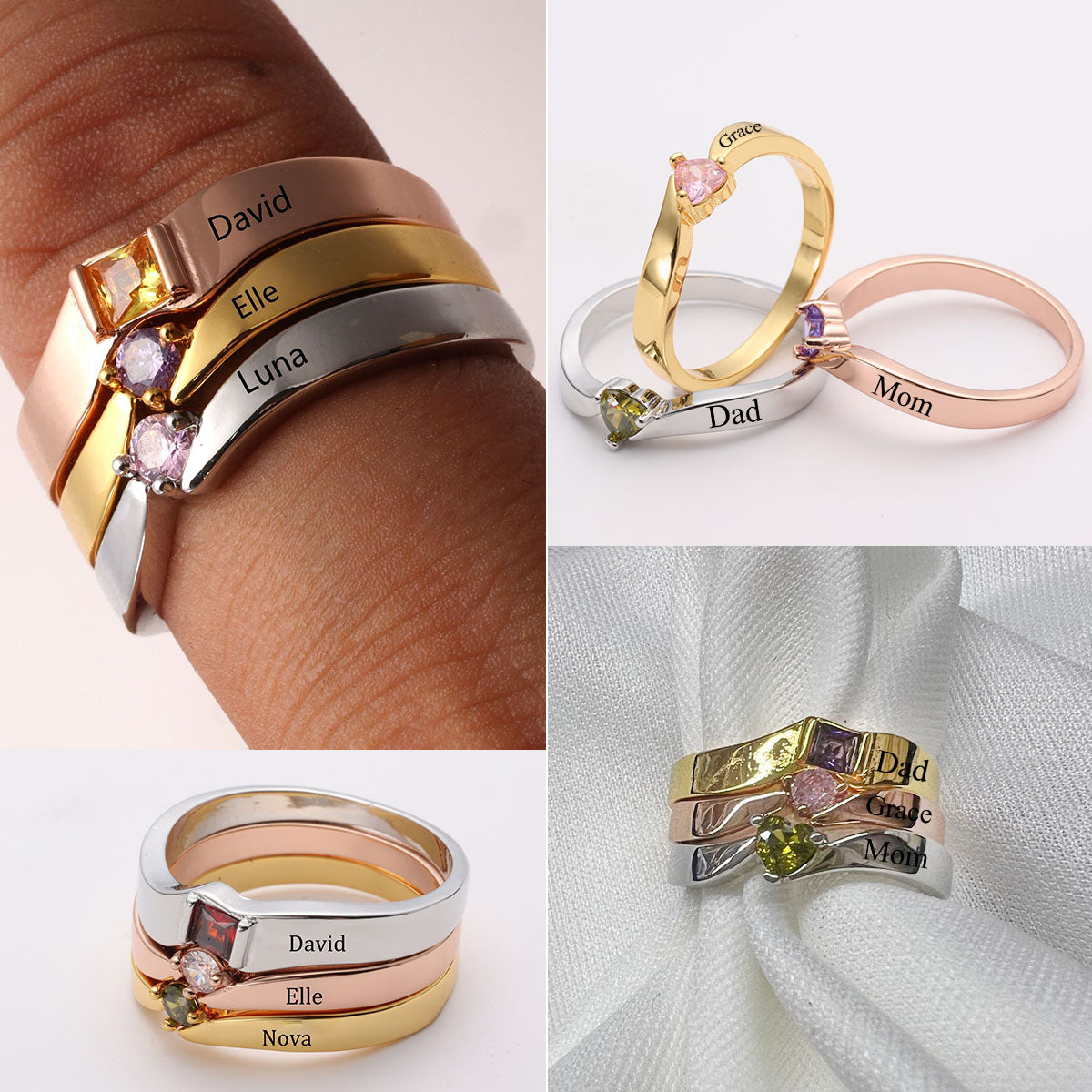 Custom Unique Birthstone And Name For Family Members Personalized Ring