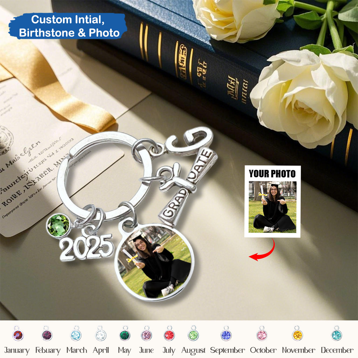 Initial Birthstone 2025 Graduation Custom Photo Keyring