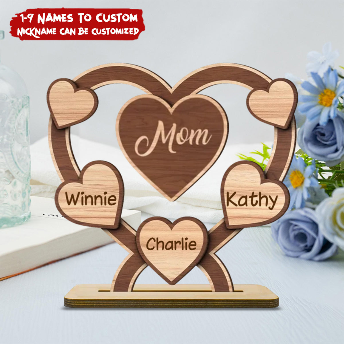 Grandma Mom Hearts Personalized 2-Layered Standing Wooden Plaque, Mother's Day Gift