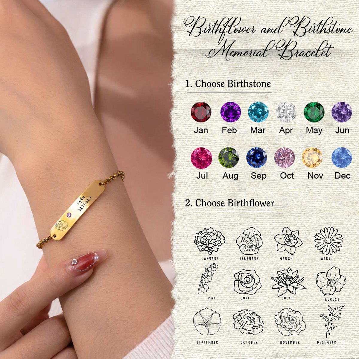 Custom Birthflower Birthstone Name Bar Personalized Bracelet, Memorial Gift