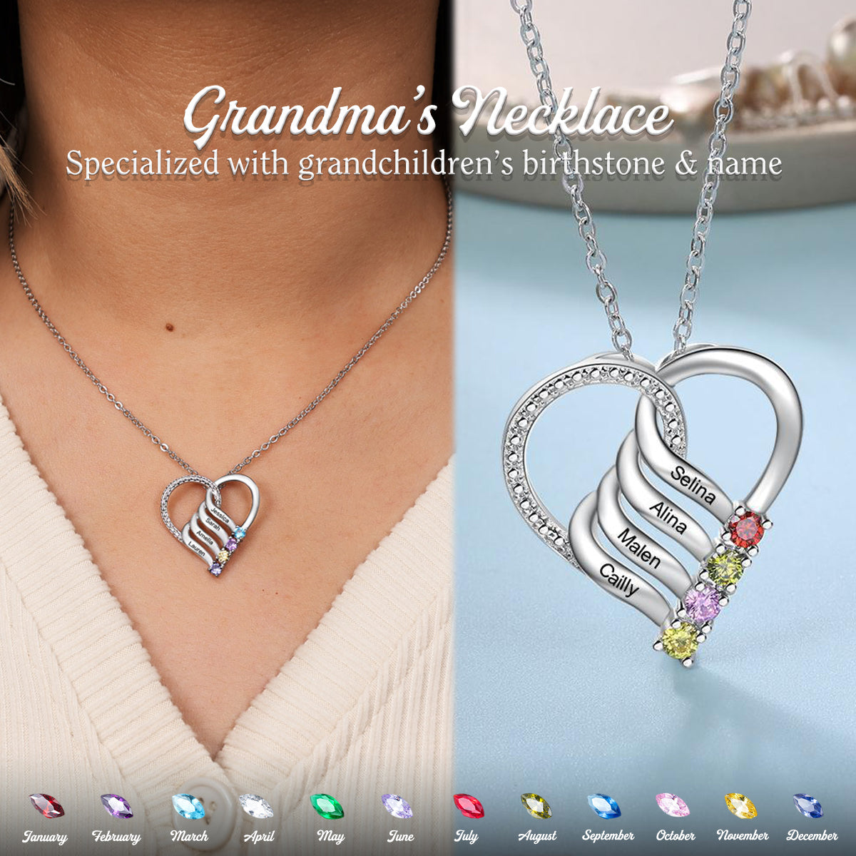 Heart Birthstone Zircon Family Custom Name Personalized Necklace, Gift For Mom Grandma