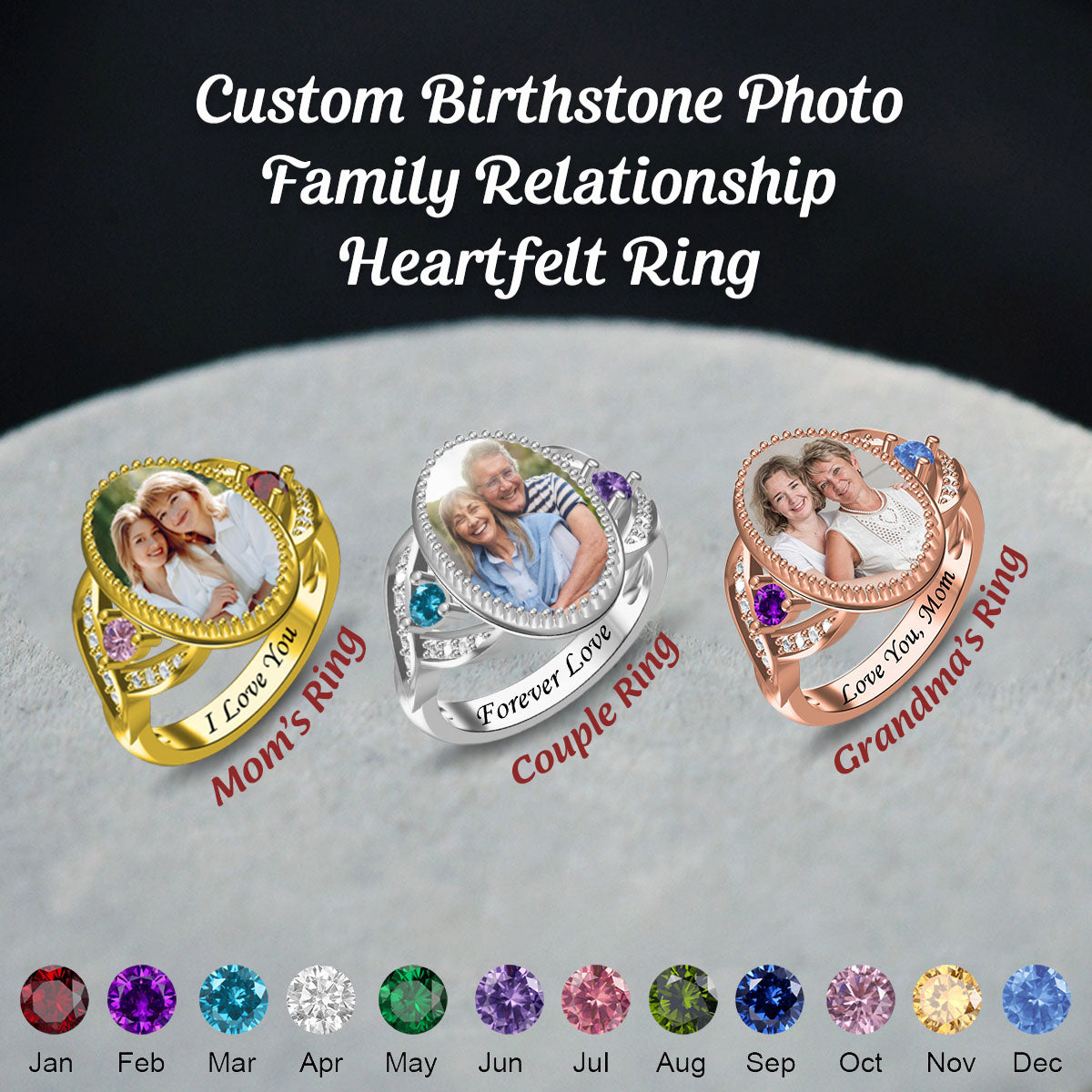 Cutsom Photo With Birthstone Personalized Ring, Gift For Mom/Grandma