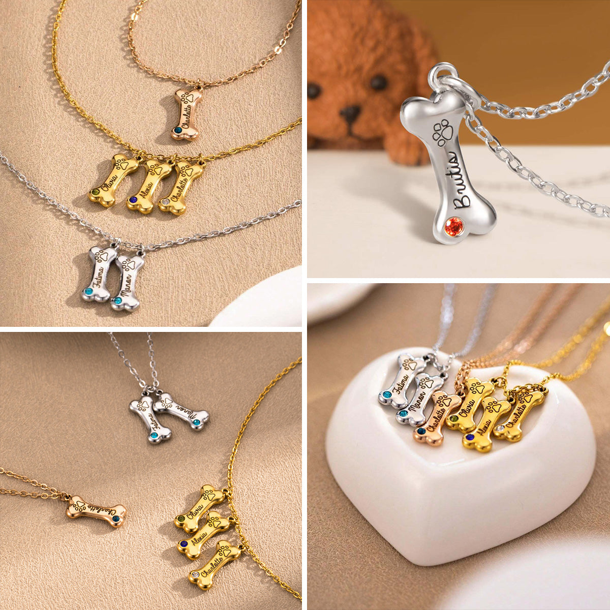 Custom Name Birthstone Bone Pendant Necklace, Gift For Dog Lover
