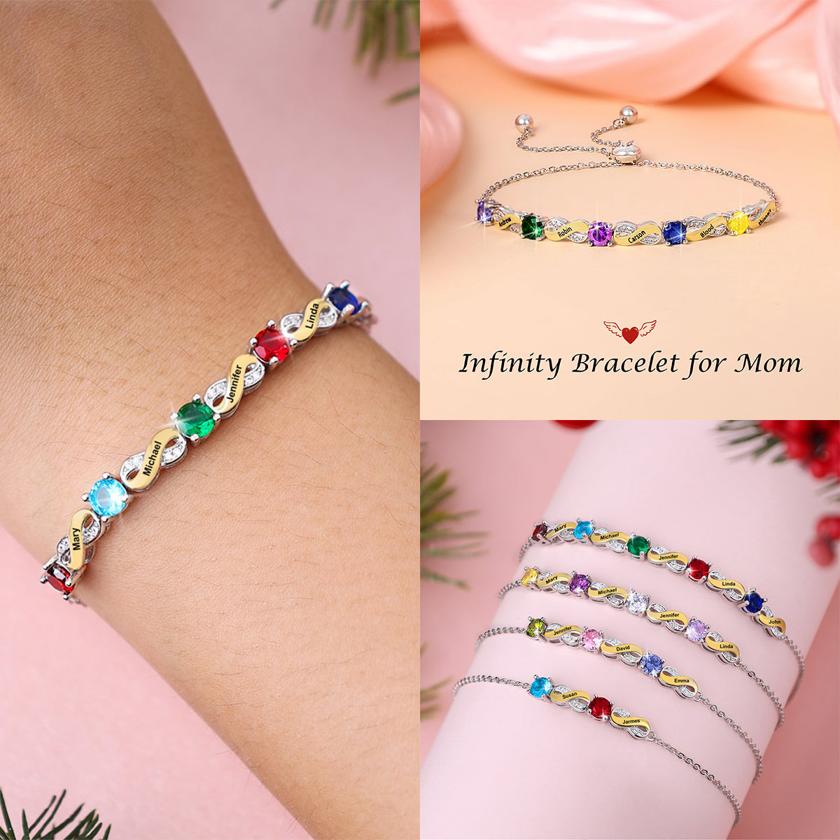 Infinity Intertwined Birthstone Engraved Name Personalized Family Bracelet, Gift For Mom/Grandma