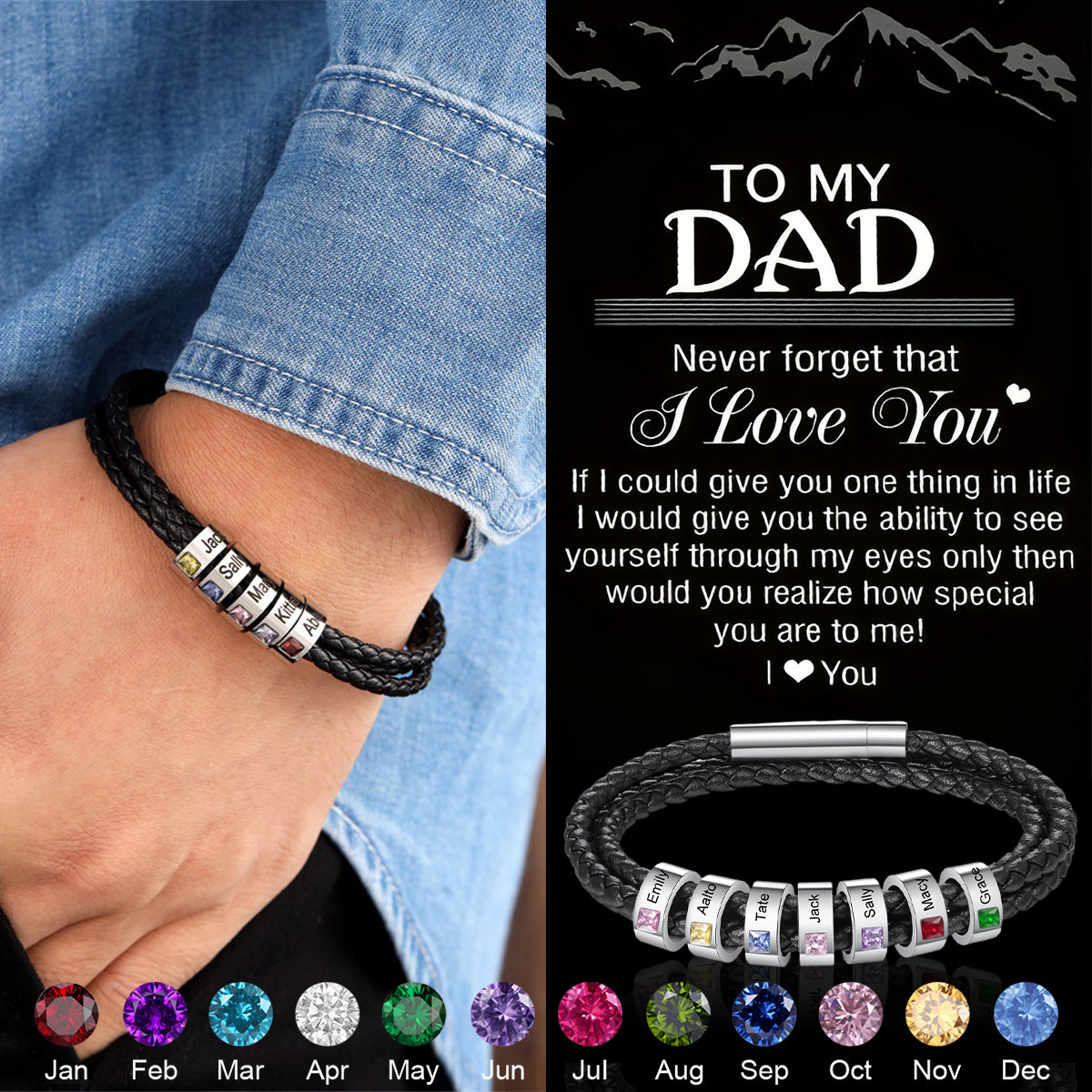 3 Layer Leather Bracelet with 1-8 Beads Engraved Names Personalized Men's Bracelets