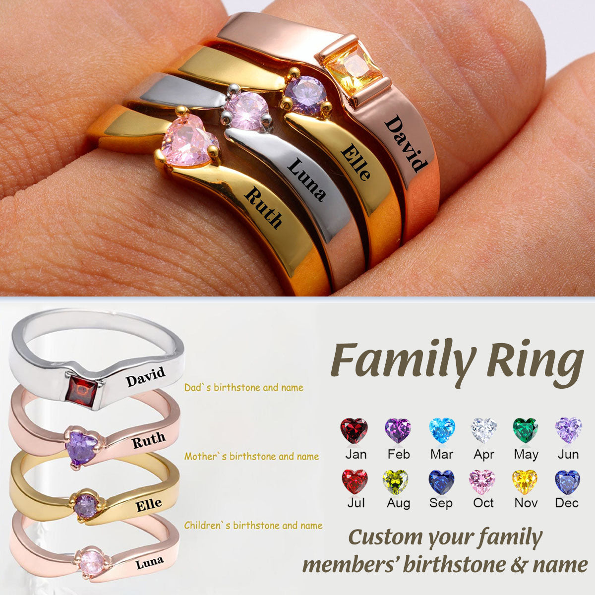 Custom Unique Birthstone And Name For Family Members Personalized Ring