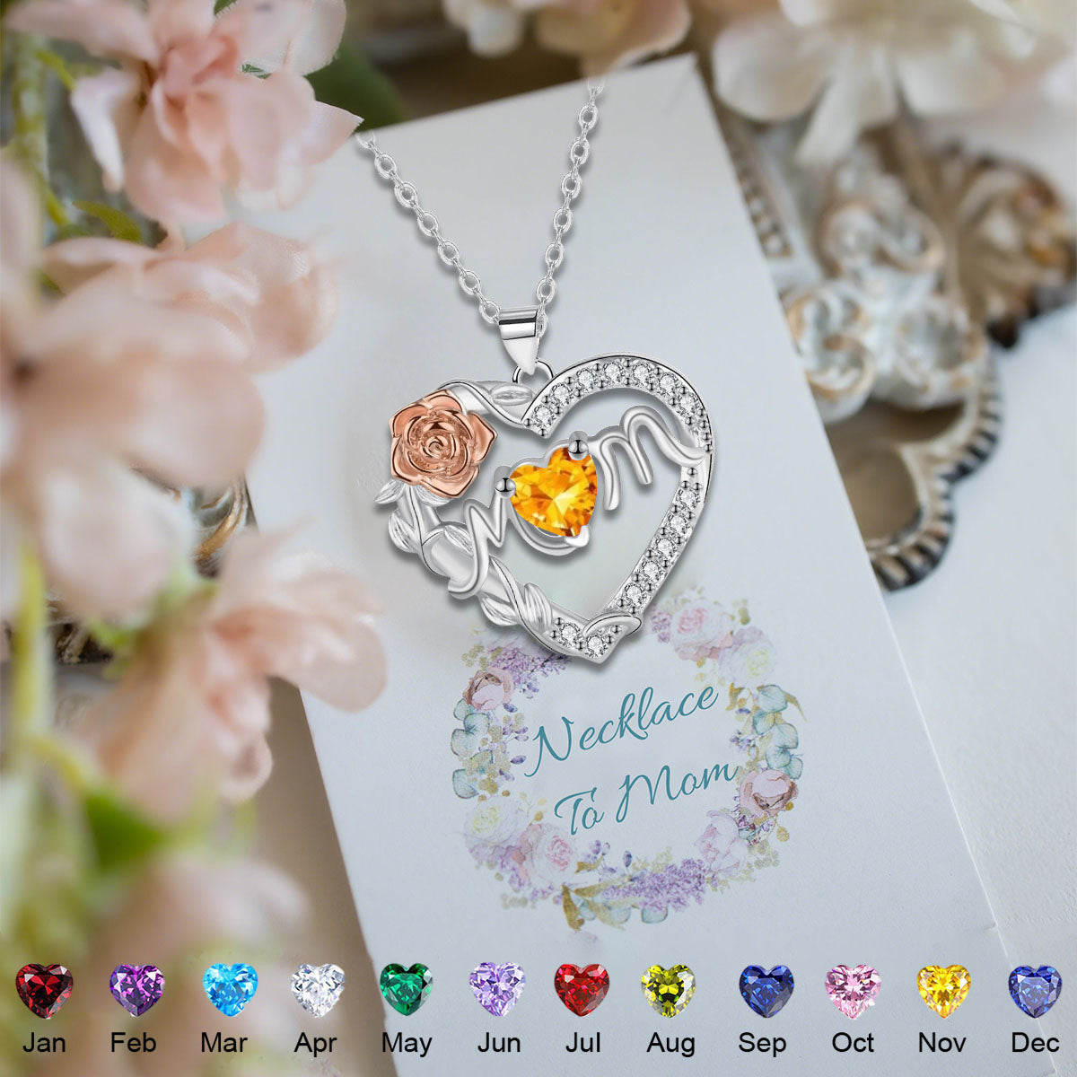 Mom Rose Custom Heart Birthstone Personalized Necklace, Mother's Day Gift