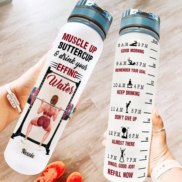 Muscle Up Buttercup Personalized Water Bottle With Time Marker newsvips