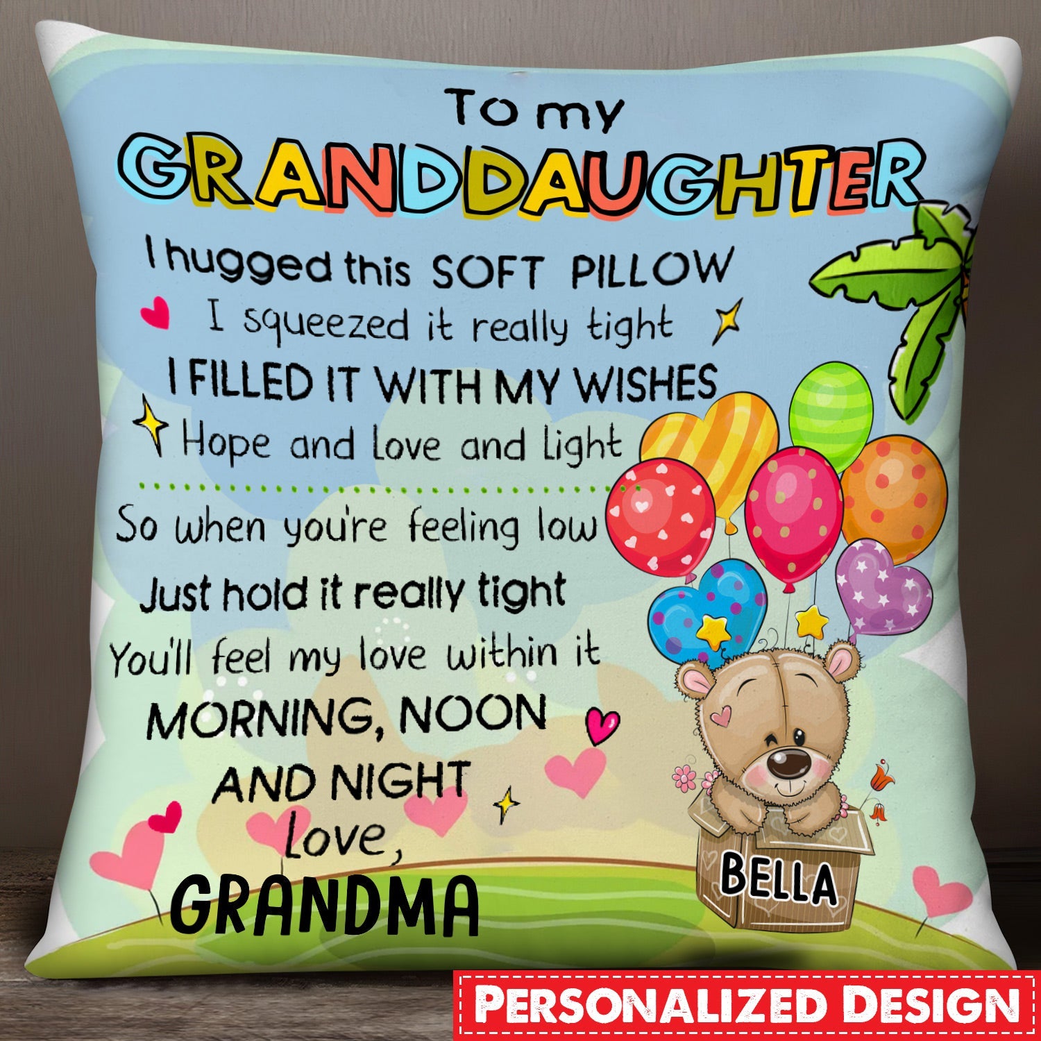 Granddaughter Hug This Pillow Cartoon Bear In Box Flying On Balloons Personalized Pillow
