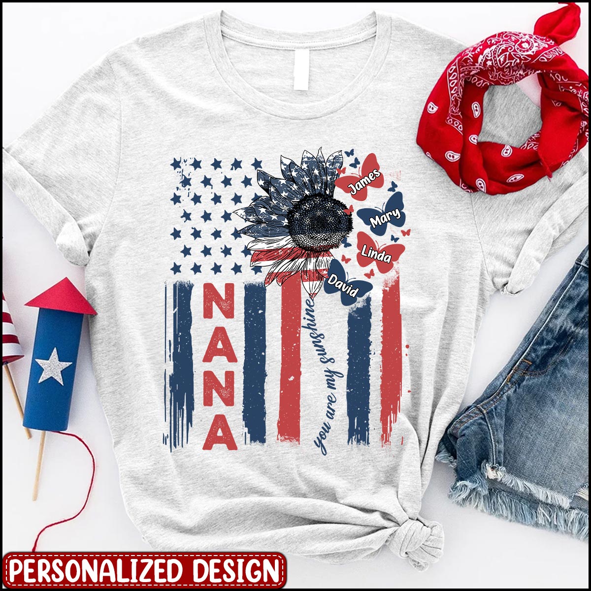 Nana Flag Flower Butterfly USA With Grandkids T-shirt - Gift for Grandma Mom Auntie