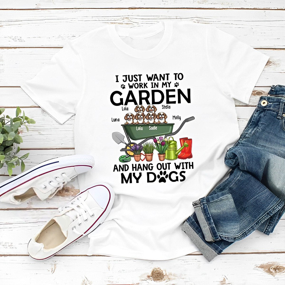 Personalized Shirt, I Just Want To Work In My Garden And Hang Out With My Dogs, Gift For Gardening And Dog Lovers