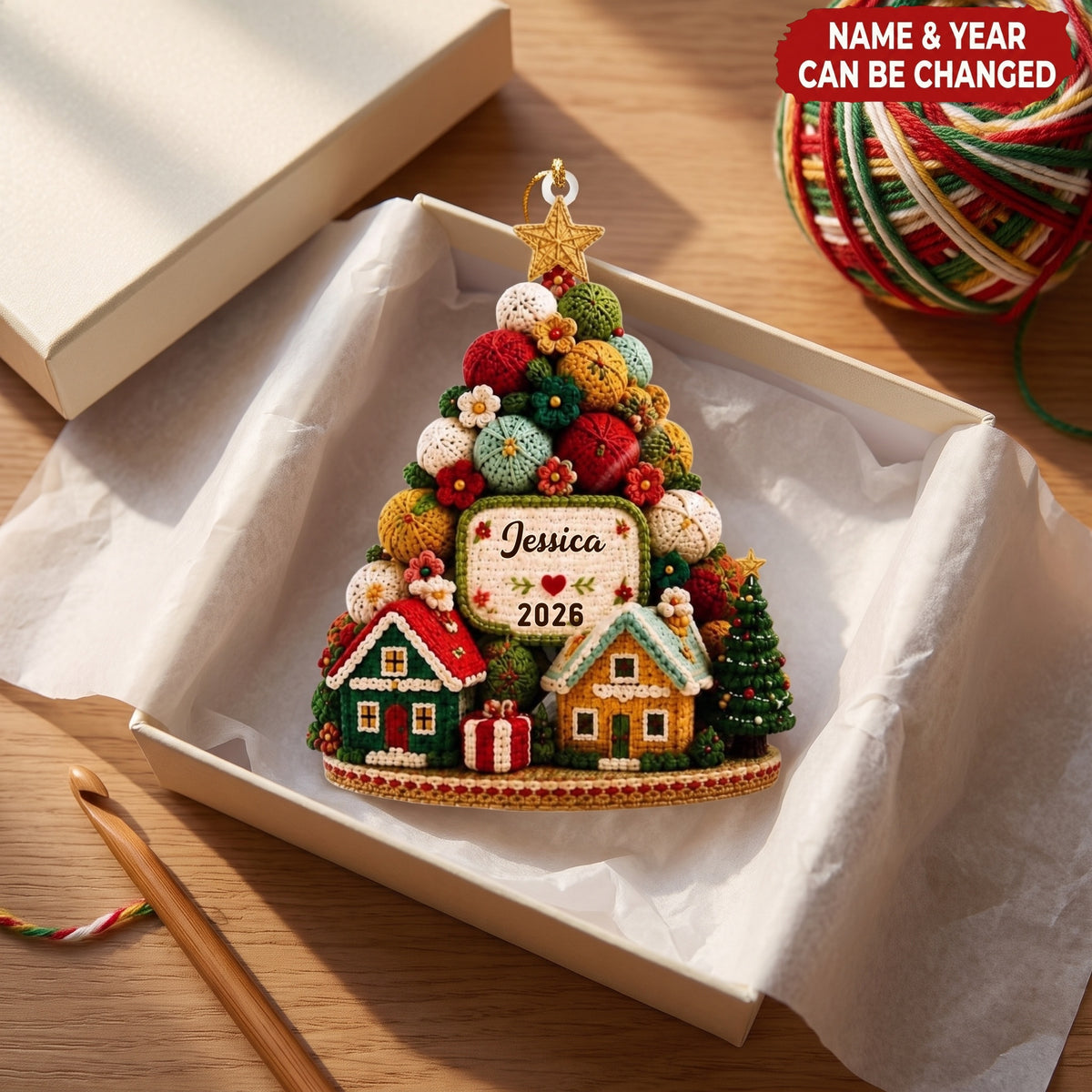 Personalized Acrylic Christmas Tree Ornament (Yarn Design), Custom Crochet Christmas Decoration