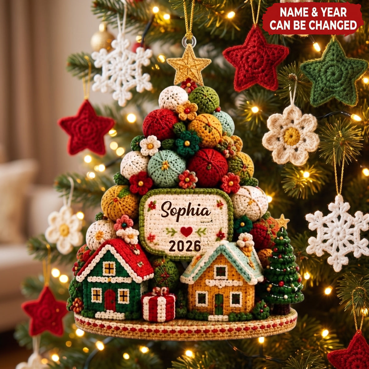 Personalized Acrylic Christmas Tree Ornament (Yarn Design), Custom Crochet Christmas Decoration