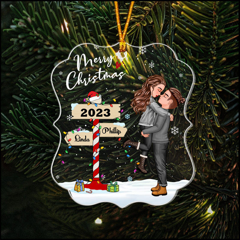 Winter Couple Hugging Kissing In The Snow Personalized Acrylic Christmas Ornament