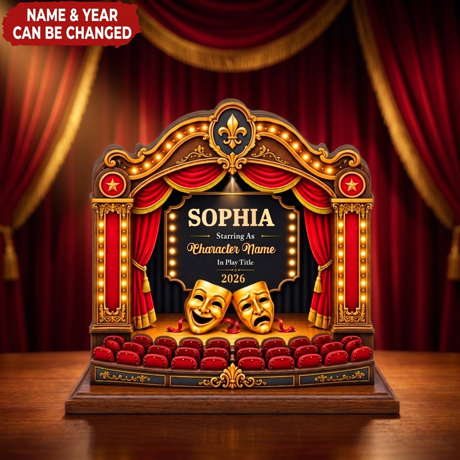 Personalized Theatre Stage Wooden Block, Custom Actor Drama Keepsake