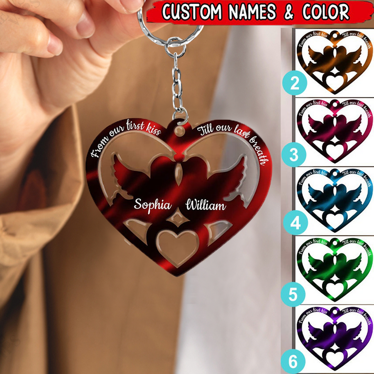 Personalized From Our First Kiss Dove Couple Valentine's Day Keychain, Birthday gift keychain, Festival gift keychain, Mother Day keychain