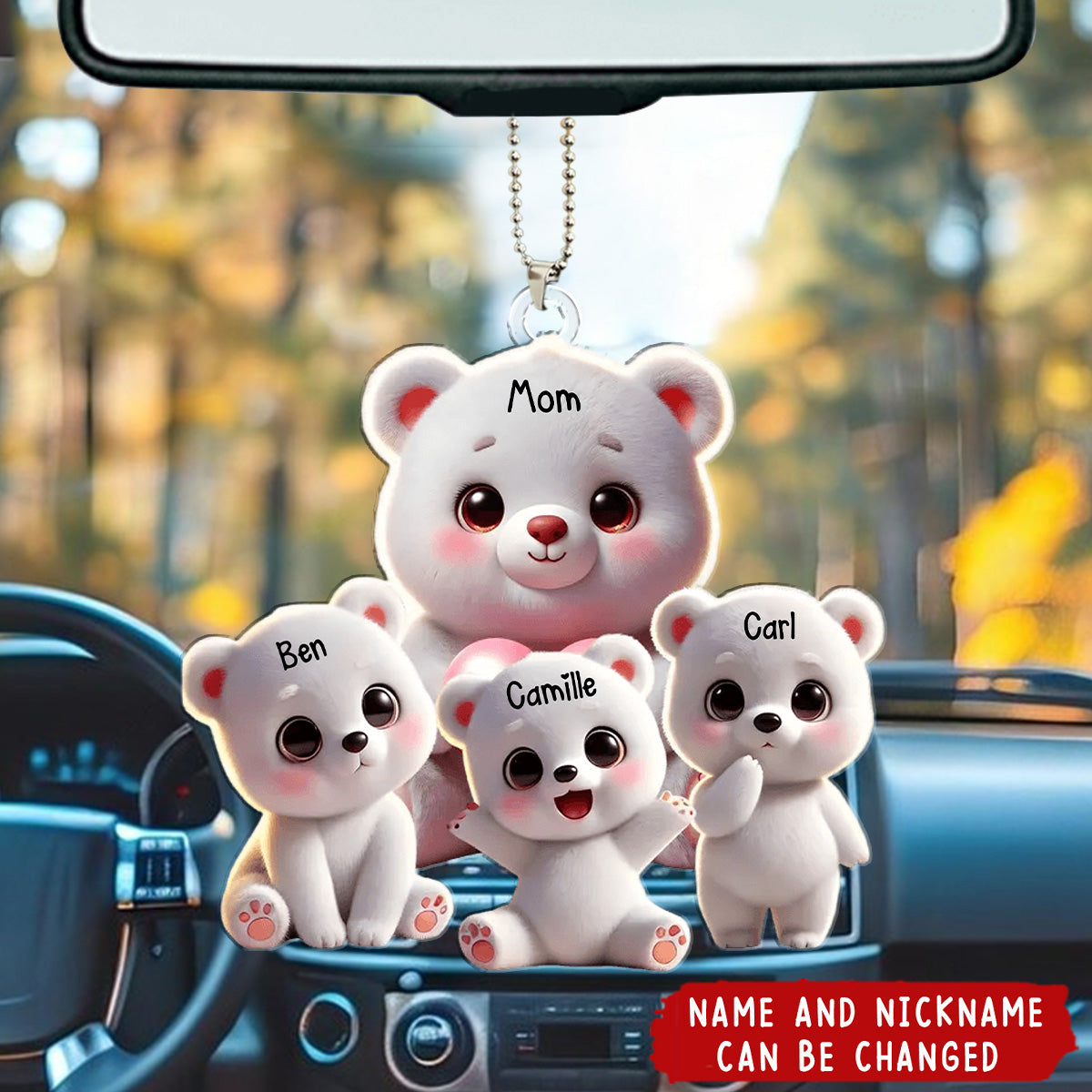 Personalized 1-10 Names White Bear Ornament – Custom Family Bear Pendant Ornament Gift