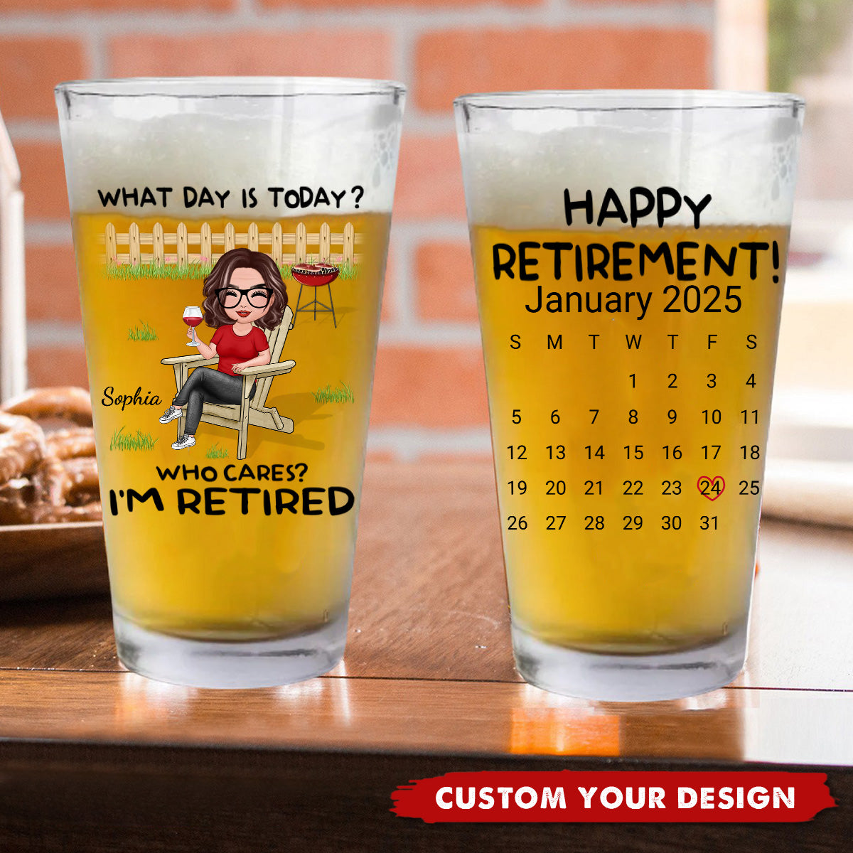 What Day Is Today Calendar Personalized Beer Glass, Retirement Gift