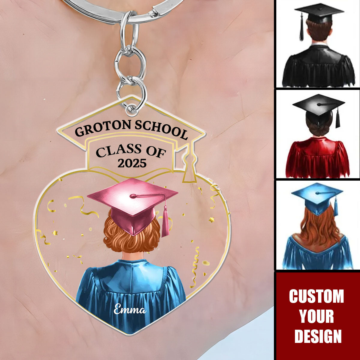 Personalized Graduation Gift for Her - Cap Heart Zircon with Name Class of 2025 Acrylic Keychain
