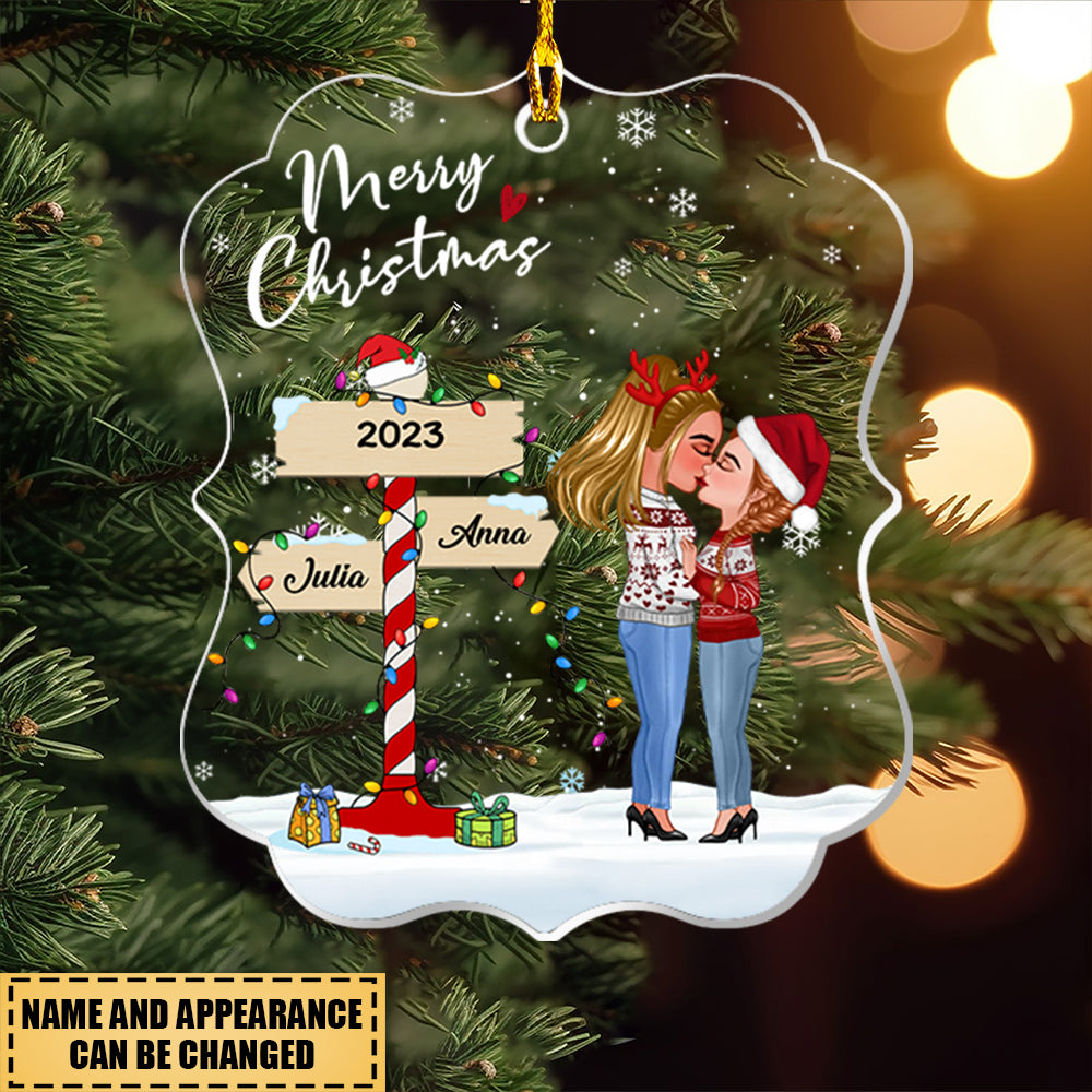 Christmas Couple Kissing With Light String In The Snow- Personalized Acrylic Ornament