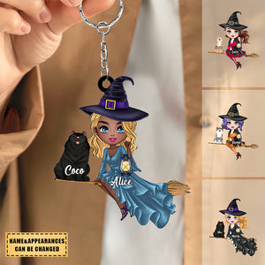 Witch Riding Broom Mystical Girl With Cute Cat Kitten Pet Personalized Keychain
