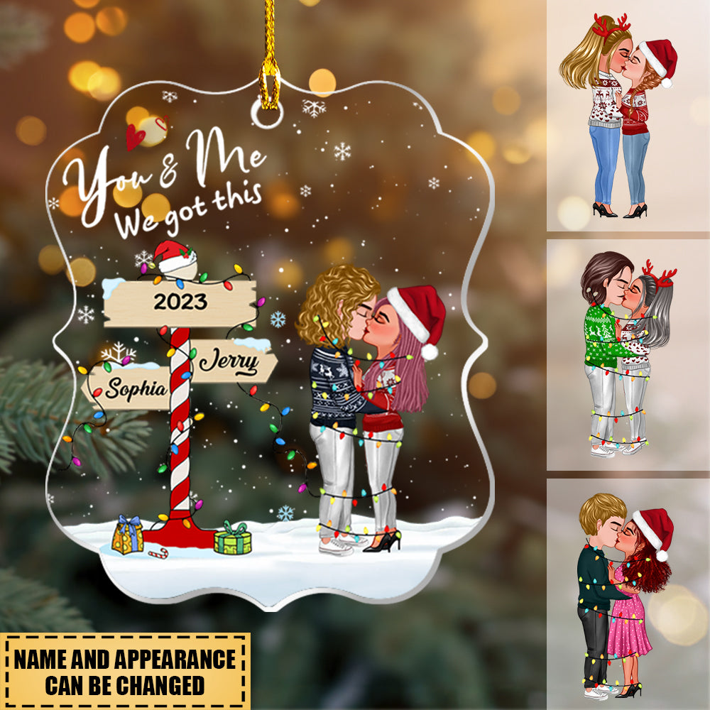 Christmas Couple Kissing With Light String In The Snow- Personalized Acrylic Ornament