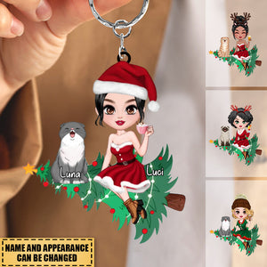 Santa Girl Sitting With Cute Cat Kitten Pet On Christmas Tree Personalized Keychain