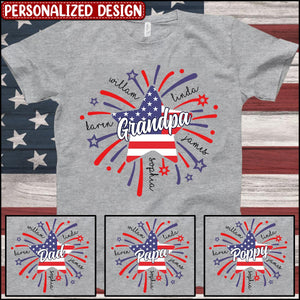 4th of July Dad Grandpa Papa Kids Star Firework American Flag Personalized Shirt