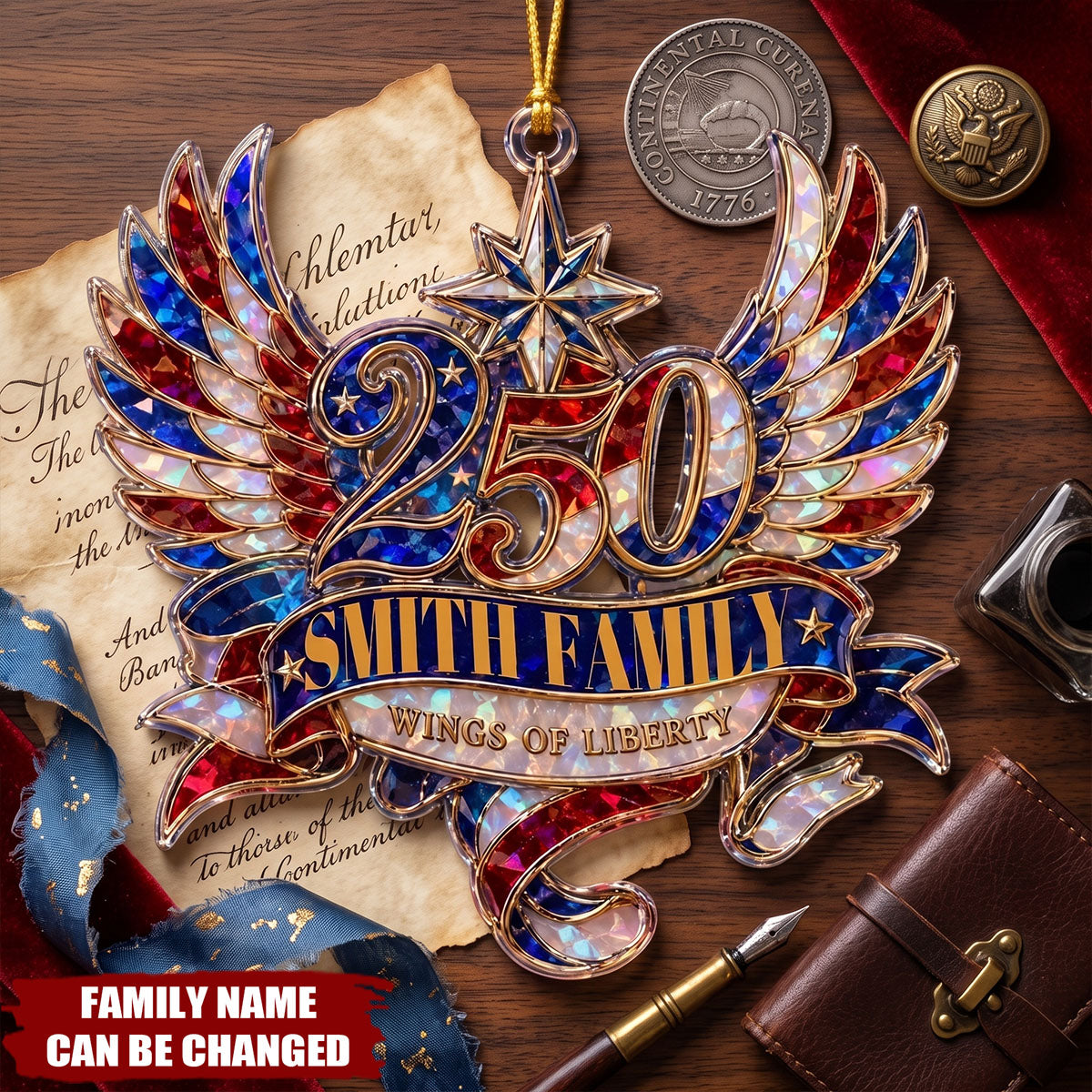 Custom Wings Of Liberty 250th Acrylic Ornament, Personalized Patriotic Family Decor