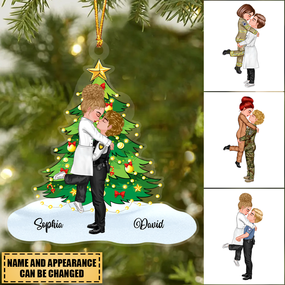 Personalized Couple Portrait, Firefighter, Nurse, Police Officer, Teacher, Gifts by Occupation Christmas Tree Christmas Ornament