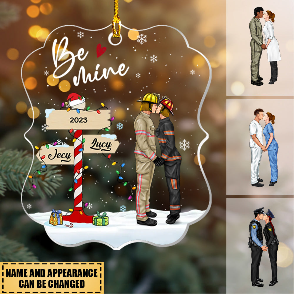 Sweetest Christmas Couple Hugging Kissing In The Snow Personalized Acrylic Christmas Ornament